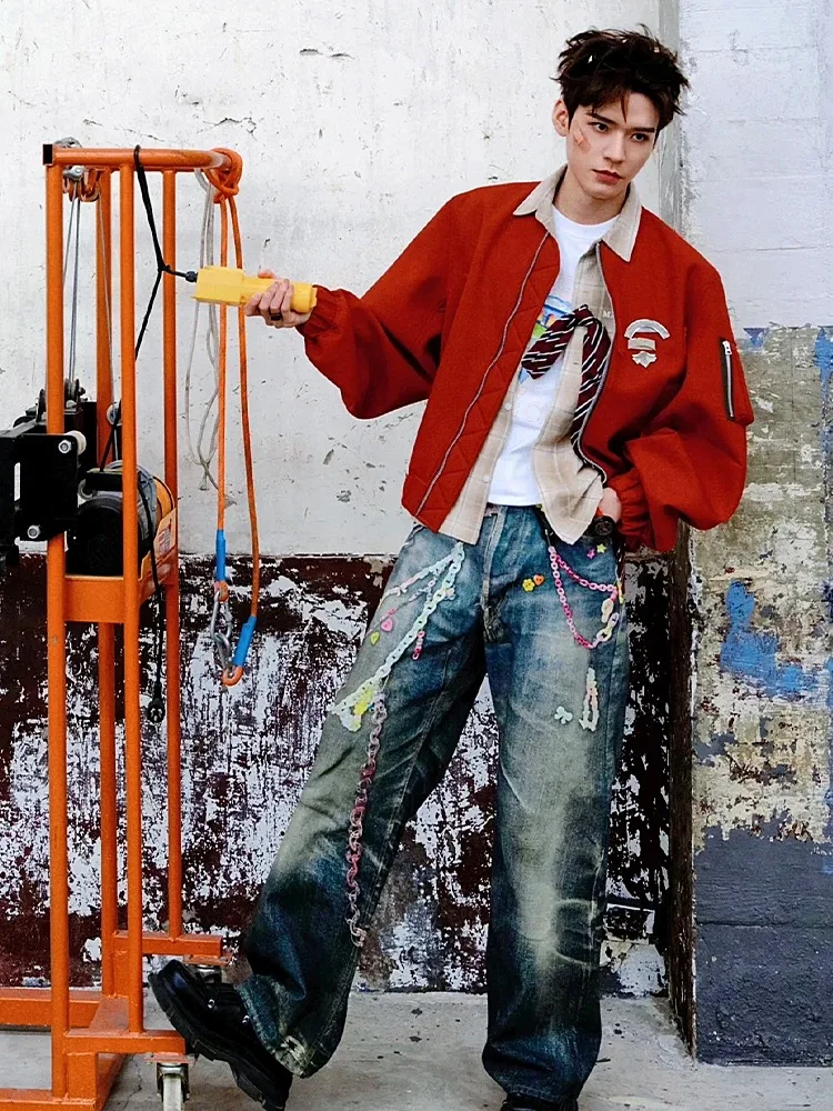 Men's 2025 Four-season Wear New Trendy Chain Printing Fashion Jeans Loose Straight Denim Trousers Personality Zipper Denim Pants