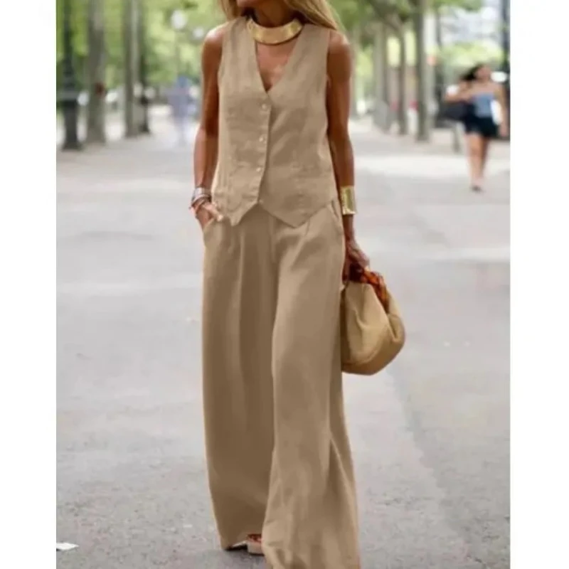 

Женский летний хлопковый комплект из двух предметов, брючный костюм длиной до пола, однобортный модный удобный широкий брюки на подтяжках