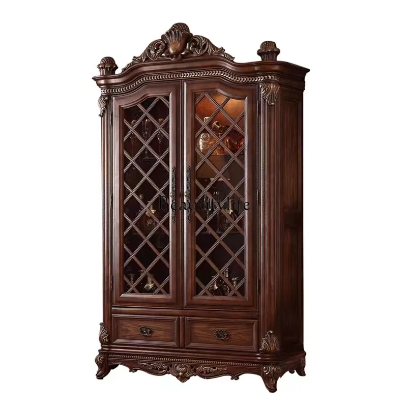 

American solid wood wine cabinet double door storage retro carved single door decoration two door locker