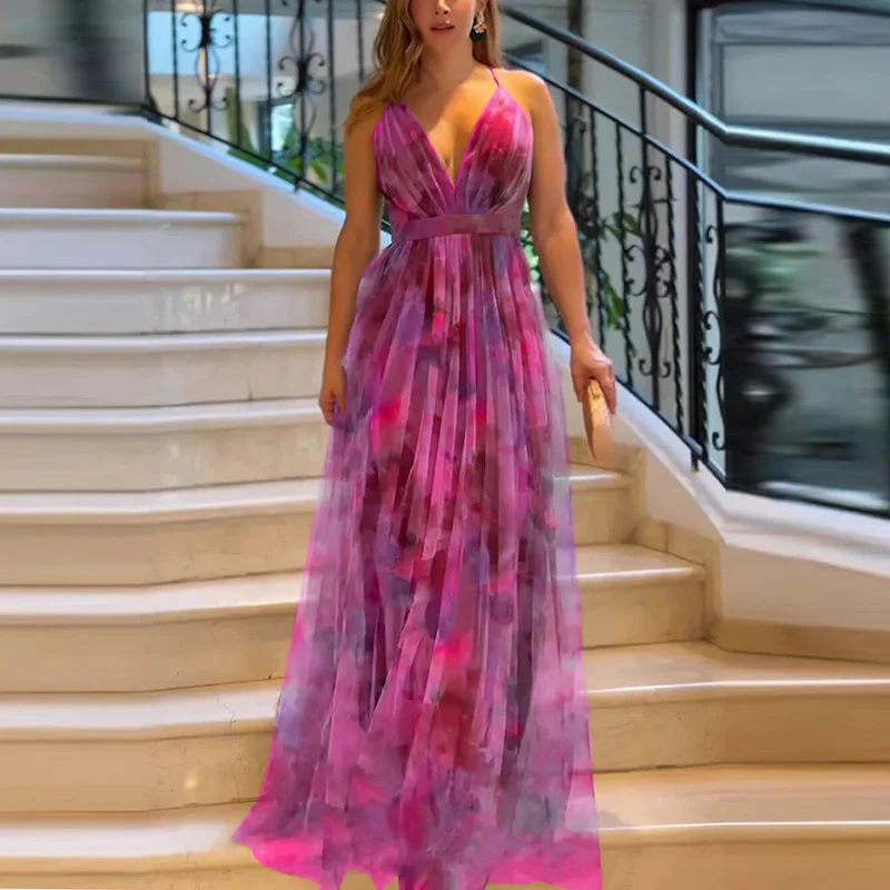 Boho Style Floral Print Mesh Long Dress Women 2025 Spring V Neck High Waist Swing Party Dress SUmmer Sleeveless Sling Maxi Dress