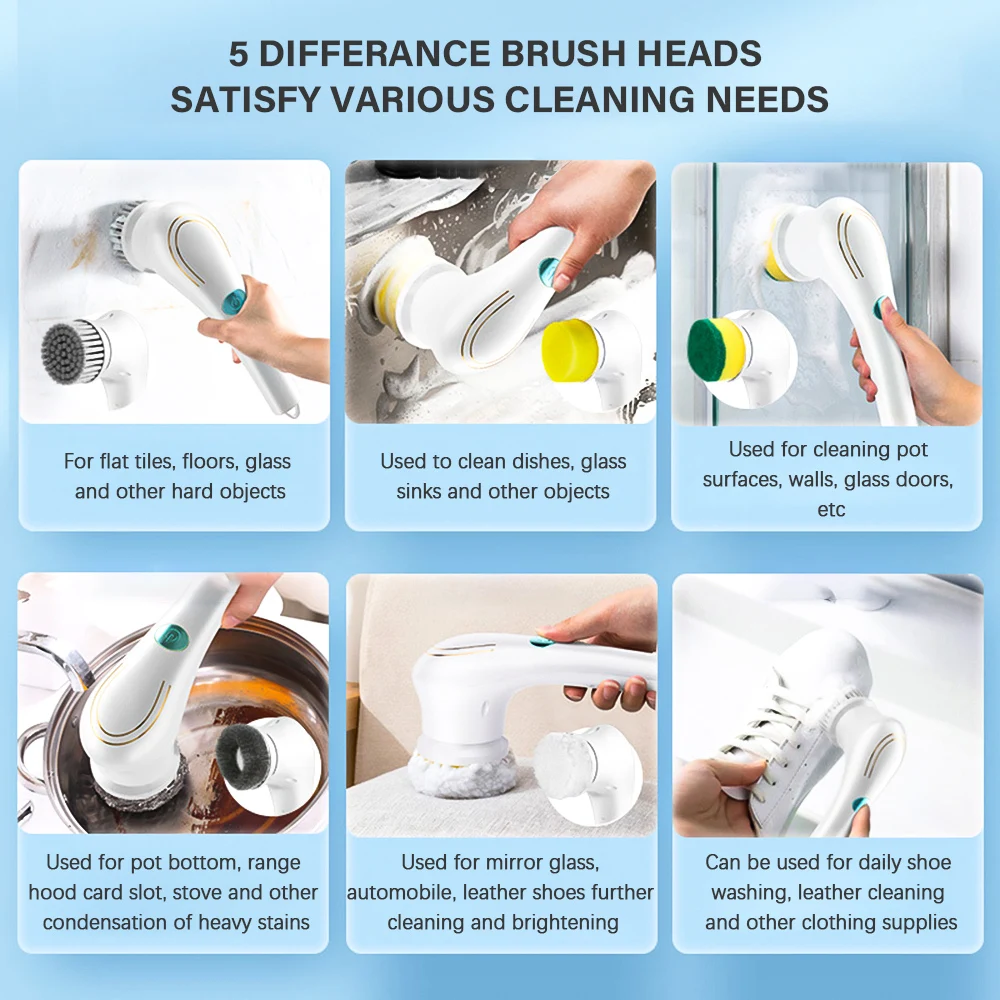 Five in One Multifunctional Electric Cleaning Brush for Bathroom Washing and Kitchen Cleaning Tools