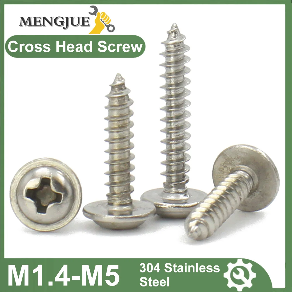 20-200pcs 304 Stainless Steel M1.4 M1.7 M2.6 M3 M3.5 M4 M5 Cross Phillips Pan Round Head W/ Washer Collar Self-tapping Screw