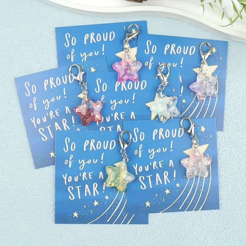 6 llaveros de resina brillante con forma de estrella, con una tarjeta motivadora que dice "Estoy orgulloso de ti, eres una estrella", lindos mini recuerdos - También un símbolo especial de motivación, adecuados como regalo para Año Nuevo, cumpleaños, boda