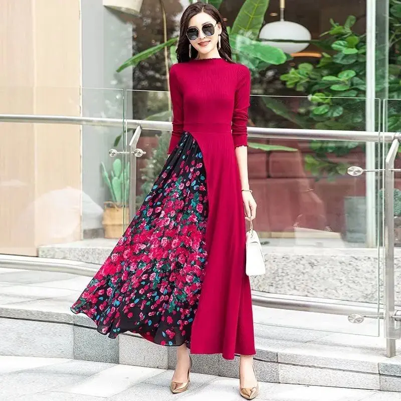 

Elegant Floral Patchwork Long Dress Spring Autumn New Long Sleeve Contrast Loose Dresses Temperament Fashion Women Clothing