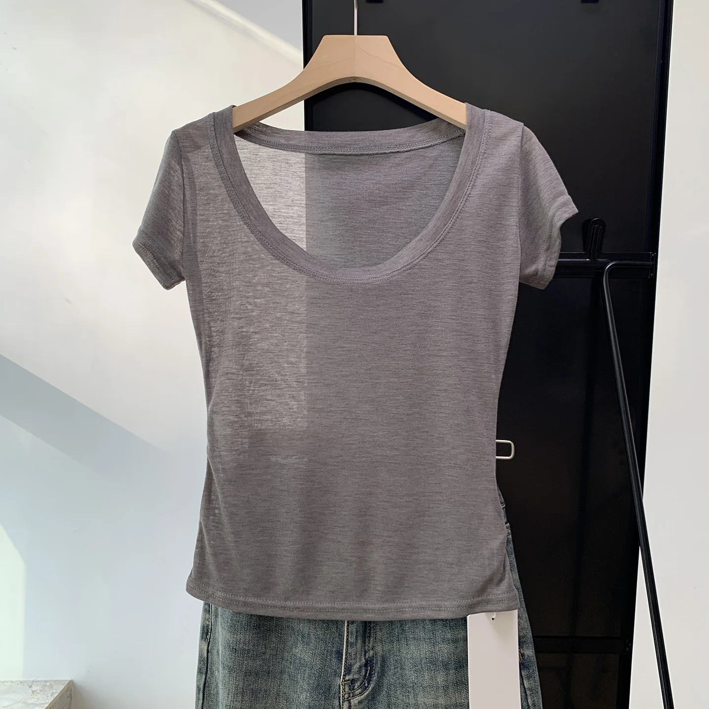 Elegant U-Neck Short Sleeve T-Shirt Women's Slim Fit Summer New Style Versatile Top Korean Style Pure Color Sweat Absorbent