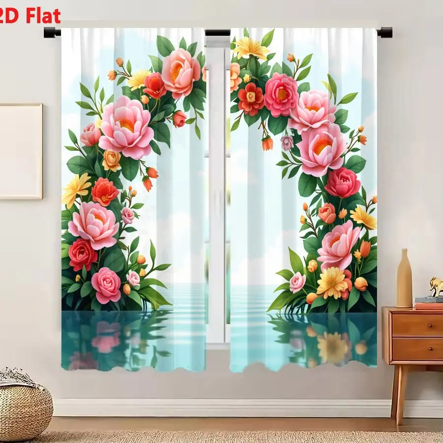 2Pcs Curtains 2D Flat Vibrant Symmetrical Floral Arch Framing Serene Seascape With Pink Coral Peach Yellow Roses And Lush Green