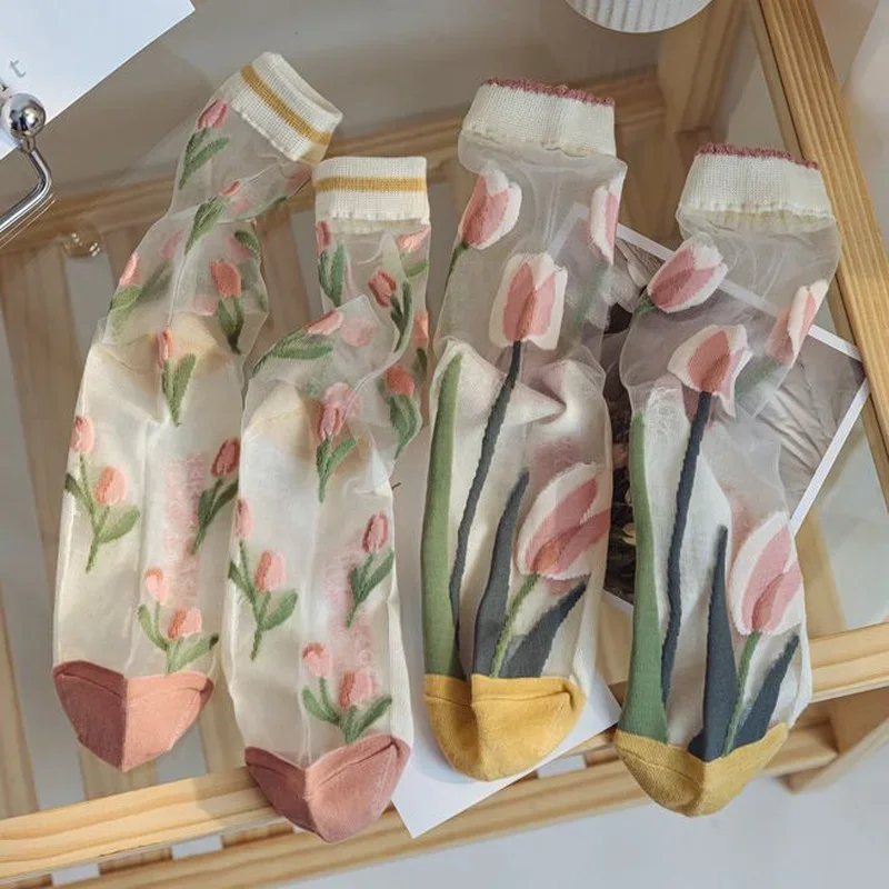 Ultra-thin Transparent Crystal Silk Socks Women Fashion Summer Harajuku Crew Socks Retro Flower Streetwear Elastic Long Socks image 2