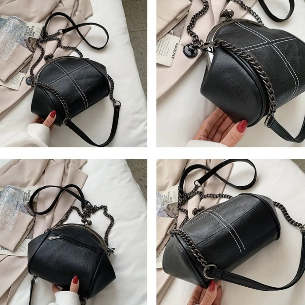 

Solid Color Kiss Lock Handbag Chain Strap Short Handle PU Leather Crossbody Bag Coin Purse Clip Closure Clutch Shoulder Bag Work