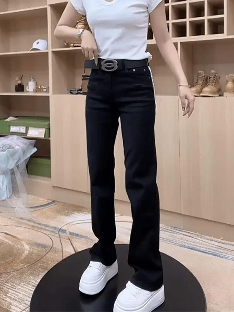 Y2k-pantalones vaqueros rectos elásticos para mujer, Vaqueros ajustados de talla grande, color negro, otoño 2024