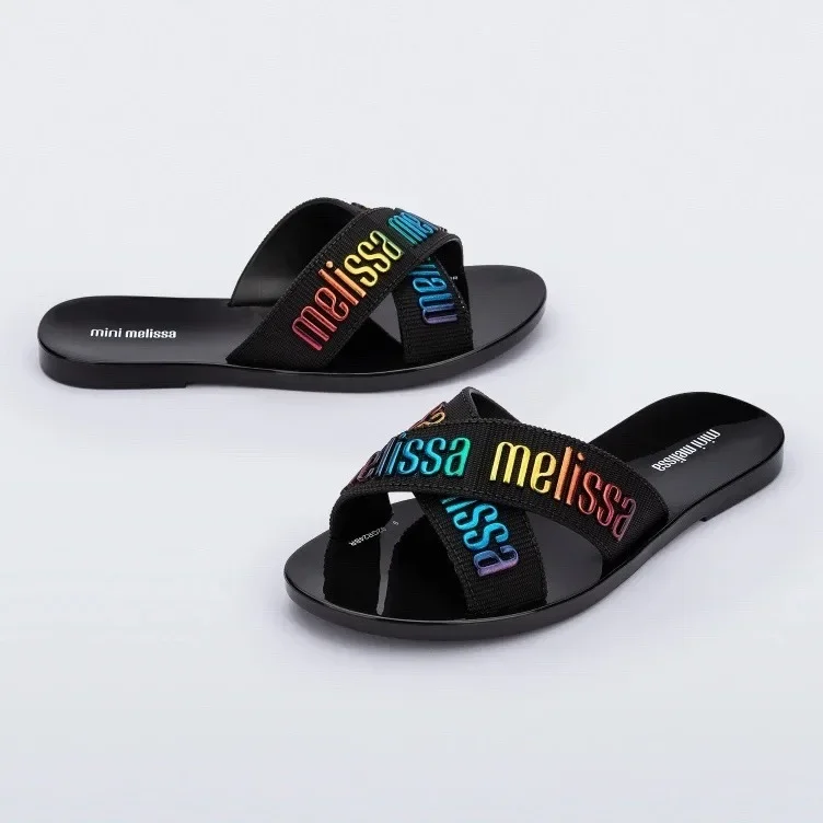 2024 Mini Melissa M-lover Children's Sandals Flip Flops With Cross Strap Jelly Letter Large Size PVC Sole Ladies Slippers