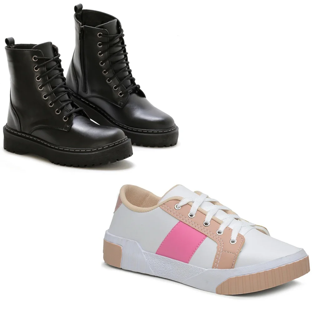 Kit Tênis Sneaker Juliette Feminino Plataforma Casual Branco and Rosa and Bota Feminina Plataforma Stiloclub Preto Promoção