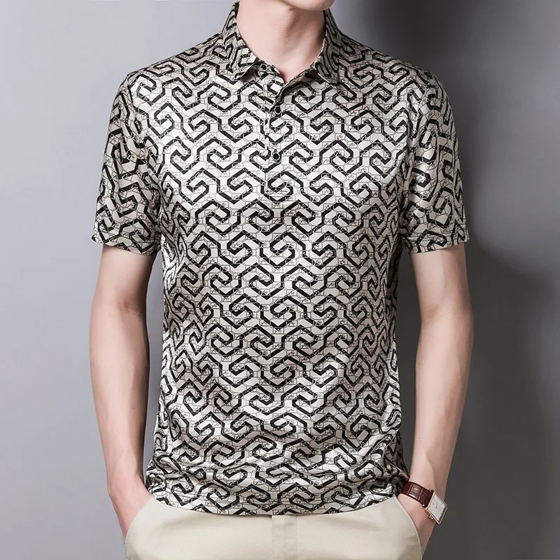 

Luxurious Lightweight Silk Polo Shirts For Men Short Sleeved Cool Summer Quality Soft Comfortable Trends Print Camisas De Hombre