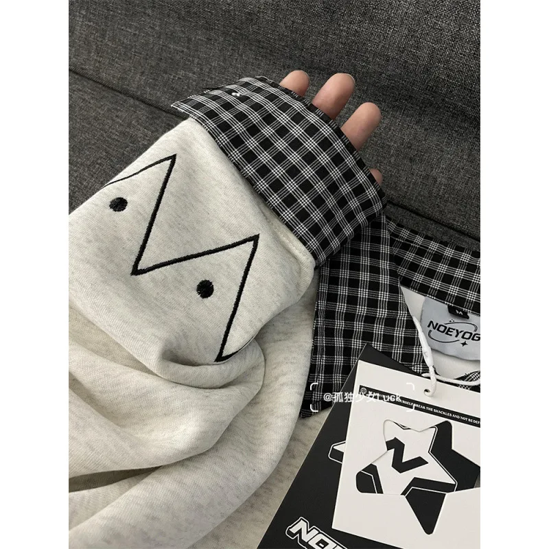 Korean fake two-piece flocking cartoon cute lamb plaid polo collar sweater women's spring new college style stitching shirt coat