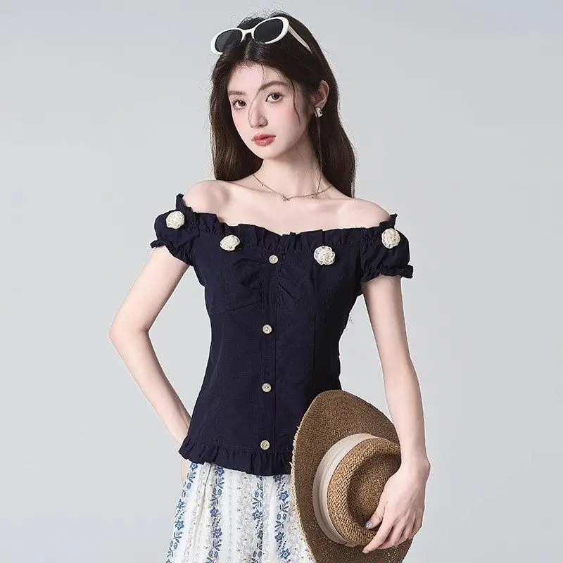 Petit haut coréen pour femmes, coupe cintrée, polyvalent, mode tempérament, Style de vacances, imprimé Floral bleu, été 2025