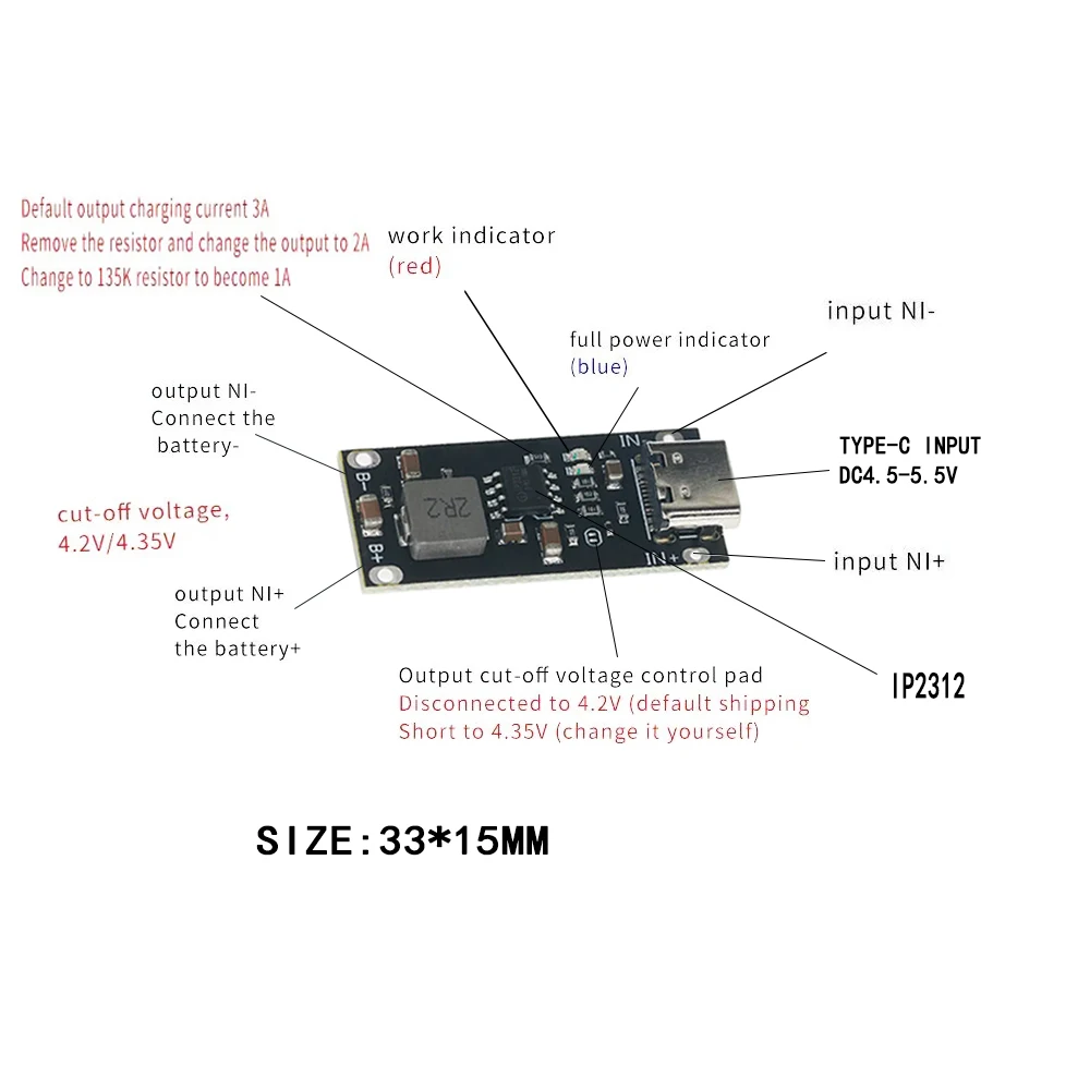 1PCS Type-C USB Input High Current 3A Polymer Ternary Lithium Battery Quick Fast Charging Board IP2312 CC/CV Mode 5V To 4.2V