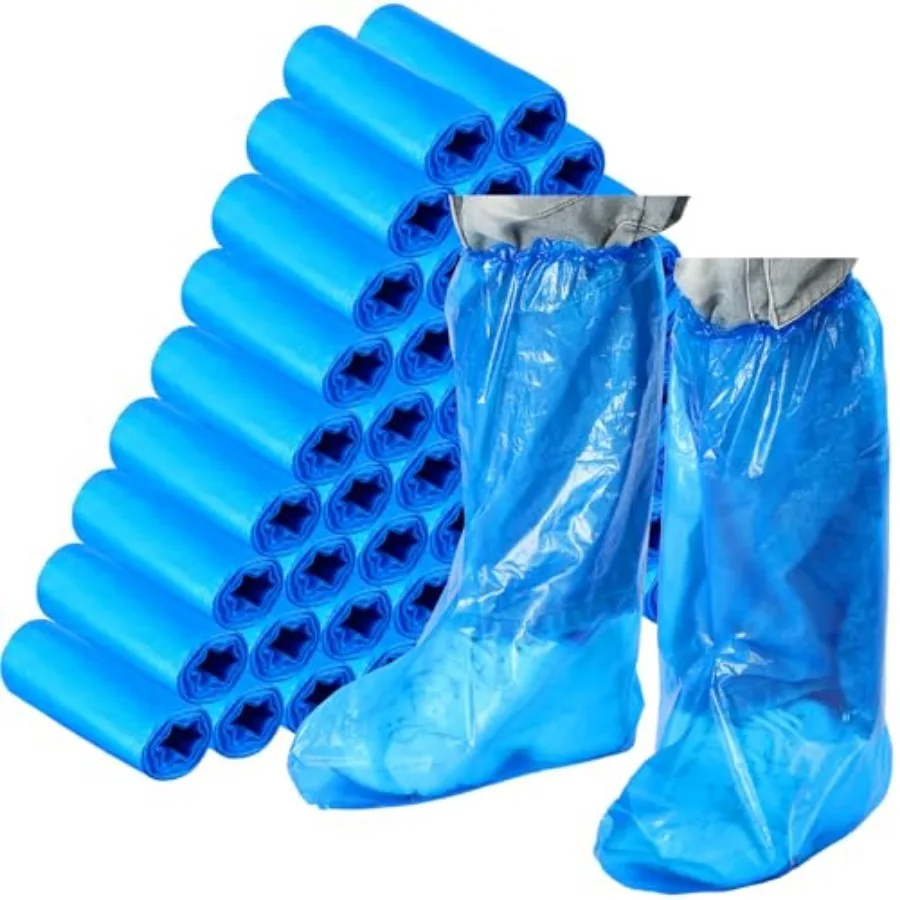 

Chicingyou 200 Pack Thick Disposable Boot and Shoe Covers Non Slip Heavy Duty Blue Plastic Shoe Covers 19" Tall for Indoors Out