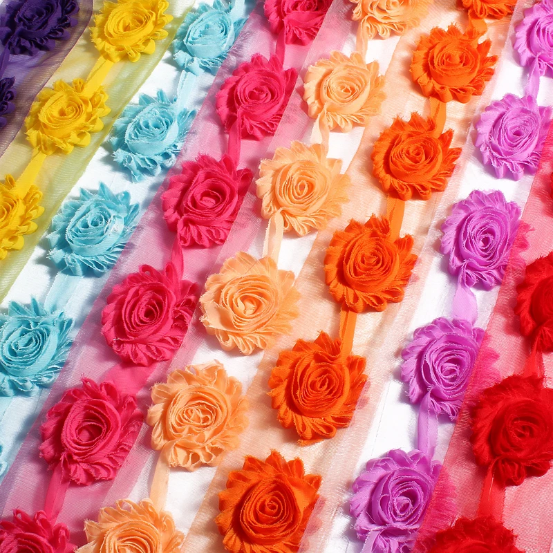 1yard 2.6'' 15Colors Artificial Soft Rose Trim Shabby Frayed Chiffon 3D Fabric Flowers For Women Gament/Wedding Decortions