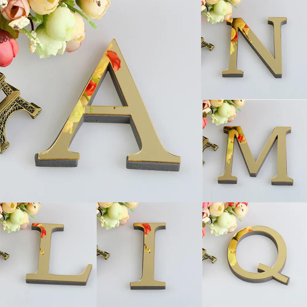 3D Letter Mirror Wall Sticker English Letters Acrylic Mirror Wall Sticker Golden Alphabet Poster Bedroom Festival Party Decor