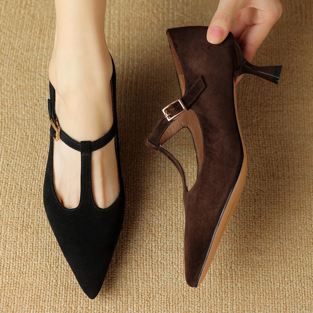 Elegant ladies thin high heel pointed toe t-strap pumps natural suede leather retro female evening dress heeled shoes for woman