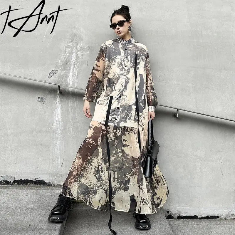 

Tannt Women Dress Splicing Long Sleeves Printing Long Dresses Vintage Fashion Long Casual Dresses For Women 2024 New