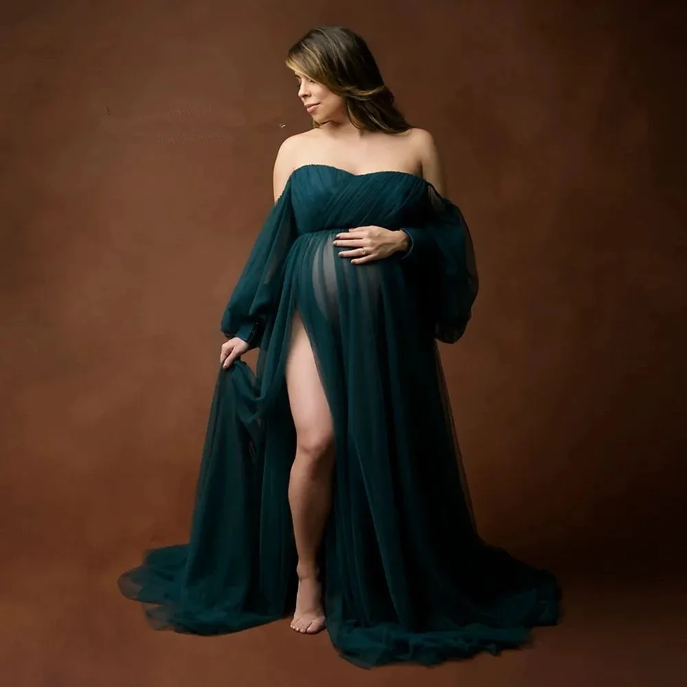 Women Tulle Maternity Gown for Photoshoot Maternity Dresses for Babyshower Off the Shoulder Side Split Bathrobe Nightwear