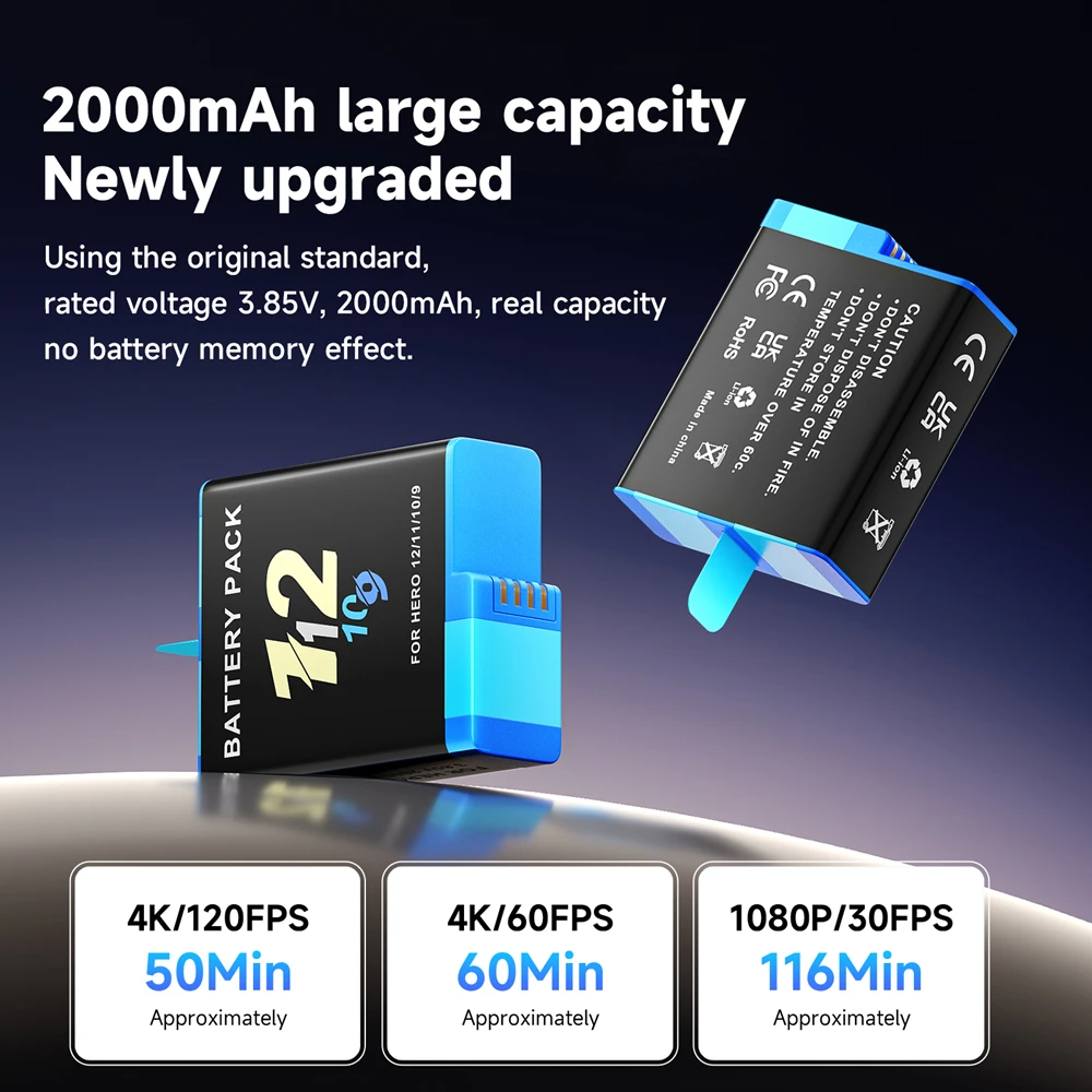 Аккумуляторная батарея Palo 3,85 В, 2000 мАч для GoPro, подходит для GoPro 12/11/10/9, аккумуляторы для камеры со светодиодным зарядным устройством