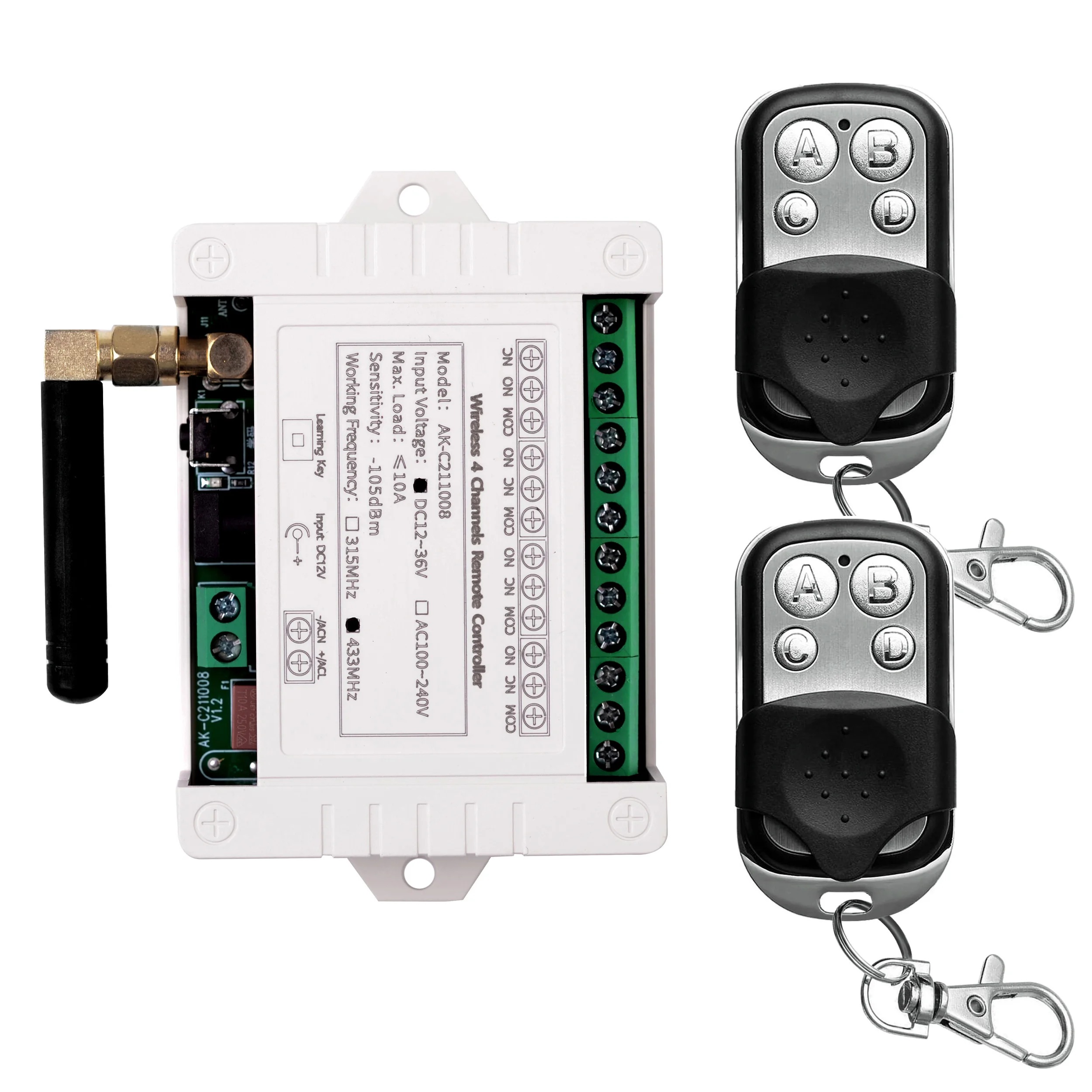 Multi-Function 4-Channel 10A DC Wireless RF Remote Control Switch (12V/24V/36V, 433MHz) with Metal Transmitter Receiver