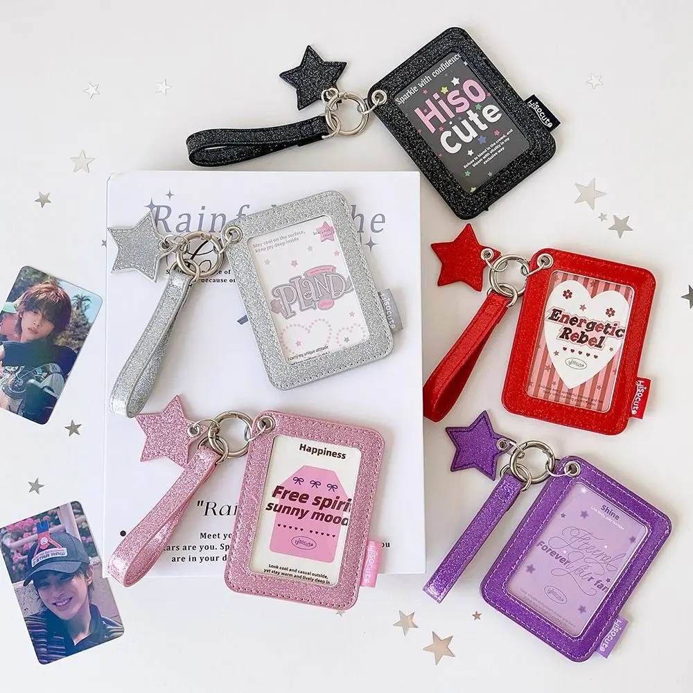 Cute Glitter PU Photocard Holder with Wrist Strap Double Layer Card Sleeve Decoration Waterproof Photocard Case Metro Card