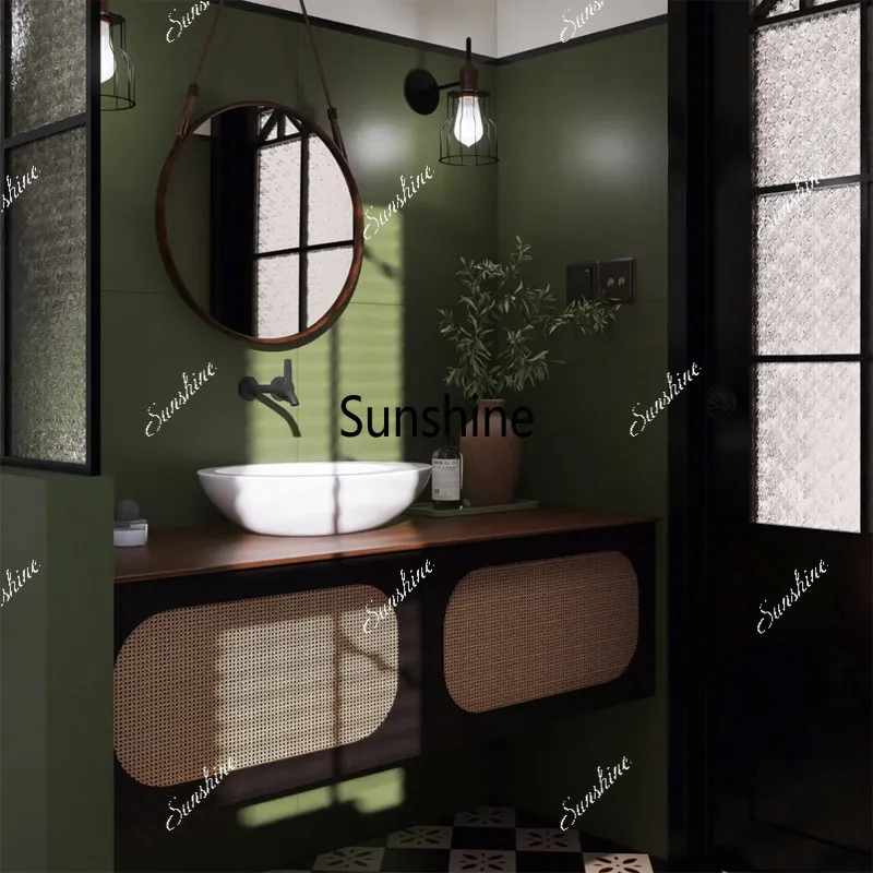 Rattan bathroom cabinet bathroom, retro style bathroom, washbasin on the counter, narrow side