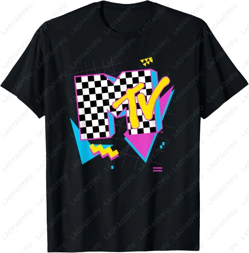 MTV Retro Checkered Neon Shapes Music Television Adult Cotton T-shirts Mens 1980's 1990'S Clothing Street Fashion Tops O-neck