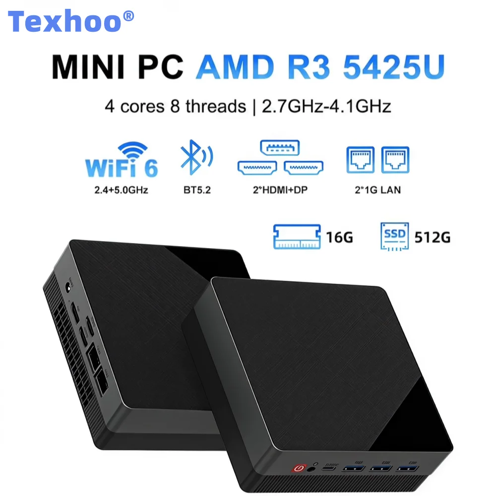 Texhoo MINI PC AMD Ryzen 3 5425U DDR4 16G 512G M.2 SSD Pcle3.0 WIFI6 BT5.2 Dual LAN HDMI 4k@60HZ Display Desktop Mini Computers