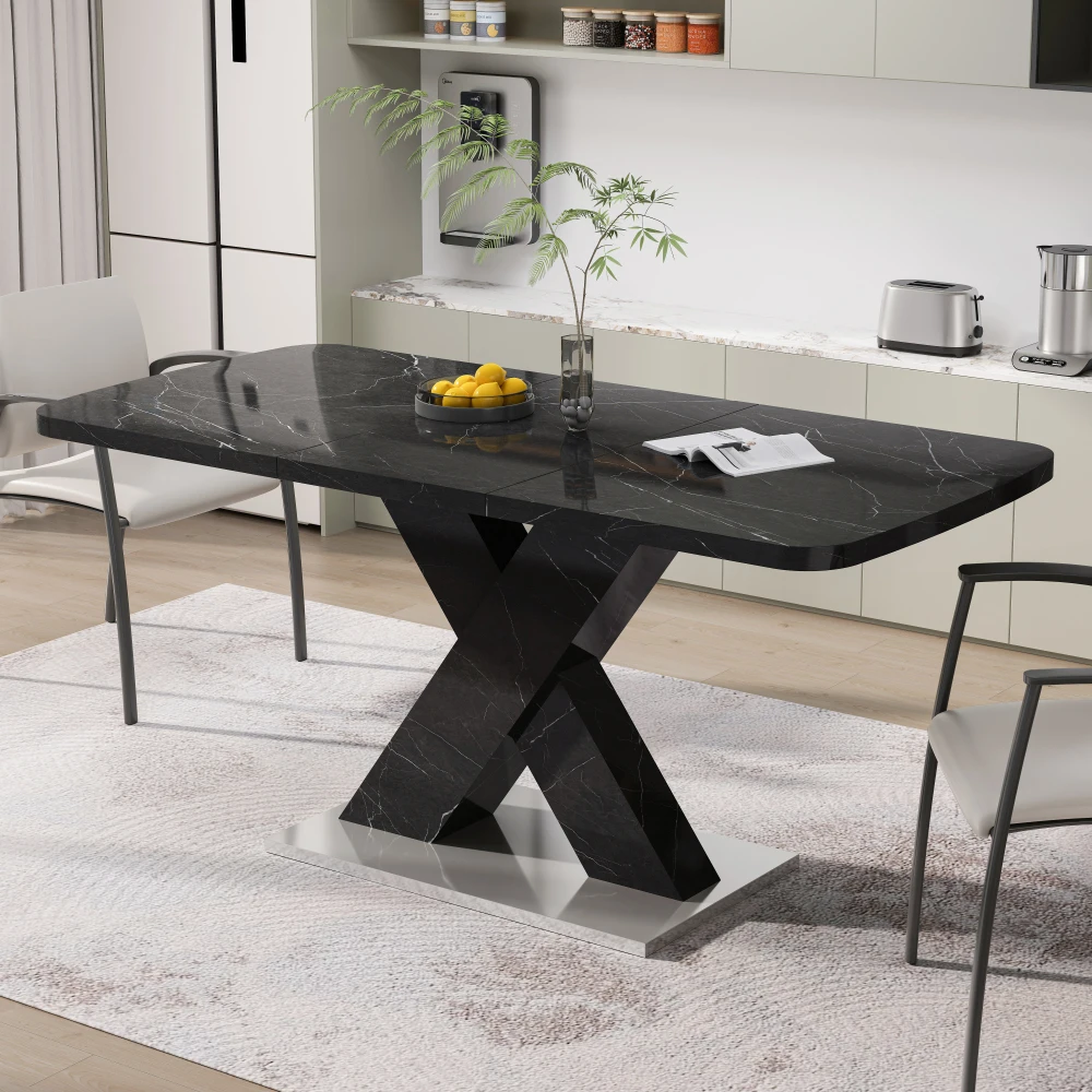 Mesa de comedor rectangular moderna de 120CM-160CM, extensible, tablero de mesa de mármol negro impreso + pata de mesa en forma de X de MDF con Base de Metal