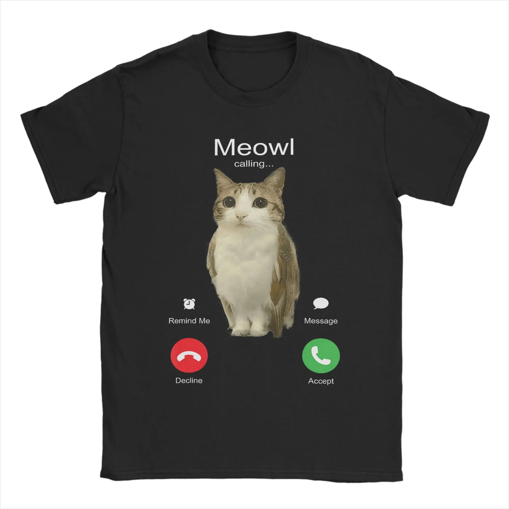 Men T-Shirt Meowl Is Calling Phone Call Meme Brainrot Funny Cat Owl Cotton Tees Short Sleeve T Shirts Round Neck Clothing