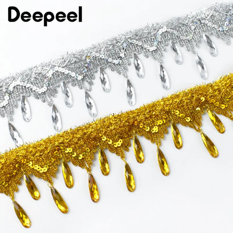 1/2/5Meters 7cm Gold Silver Sequins Tassel Lace Trim Diamond Pendant Fringe Ribbon Stage Clothes Dance Dress Sewing Accessories