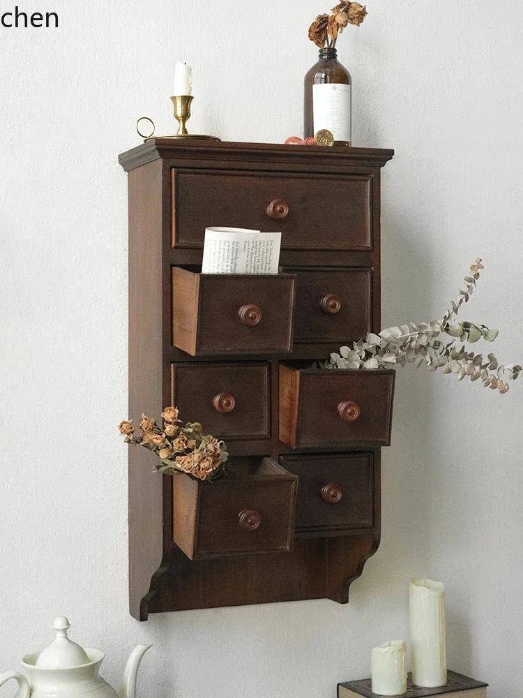 DSASolid Wood Wall Cabinet Vintage Living Room Entryway Wall-Mounted Niche Decorative Storage Cabinet