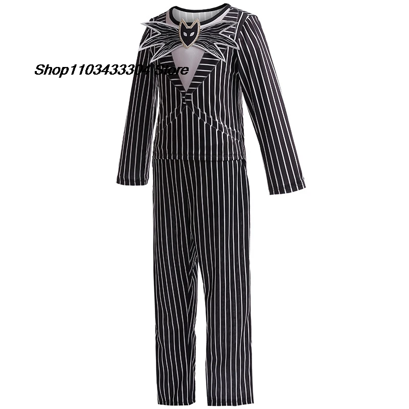 Nuovi vestiti per bambini Vigilia di Natale Spaventoso Scheletro Jack Cosplay Ragazzi a righe in due pezzi Personaggio di Halloween Dress Up Costume 2-8Y