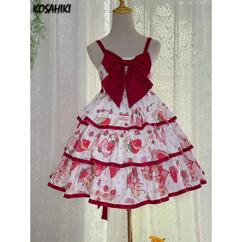 

Милое Платье в стиле Лолиты koshiki, платье в японском стиле с клубничным принтом, мягкое платье для девушек, платье без рукавов с бантом и оборками