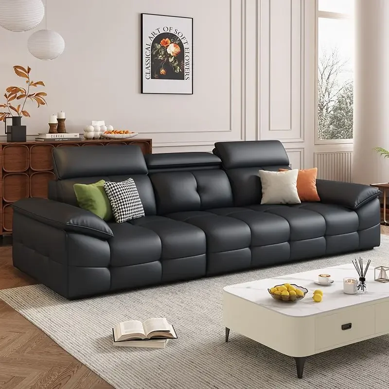 أريكة إيطالية بسيطة من جلد البيانو، شقة صغيرة حديثة، غرفة معيشة لورانس، صف مستقيم، طبقة أولى من جلد البقر #5