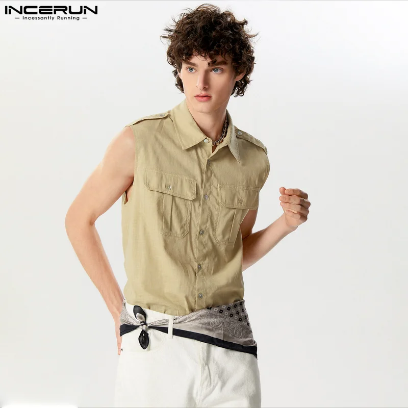 2024 Men Shirt Solid Color Lapel Sleeveless Button Summer Casual Men Clothing Cotton Streetwear Breathable Camisas S-5XL INCERUN