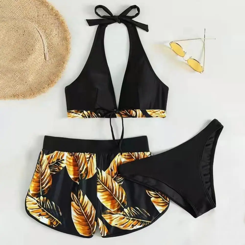 3Pcs/Set Women Split Bikini Set Leaf Print Bow Three-piece Bathing Suit Slim Fit Backless Lady Swimwear For Swimming