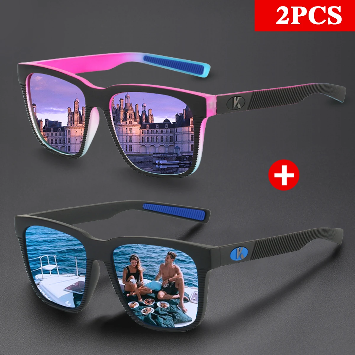 

KAROS 2PCS Fashion Polarized Sunglasses Men Women Luxury Vintage Square Sun Glasses for Driving Fishing Travel UV400 Eyewear
