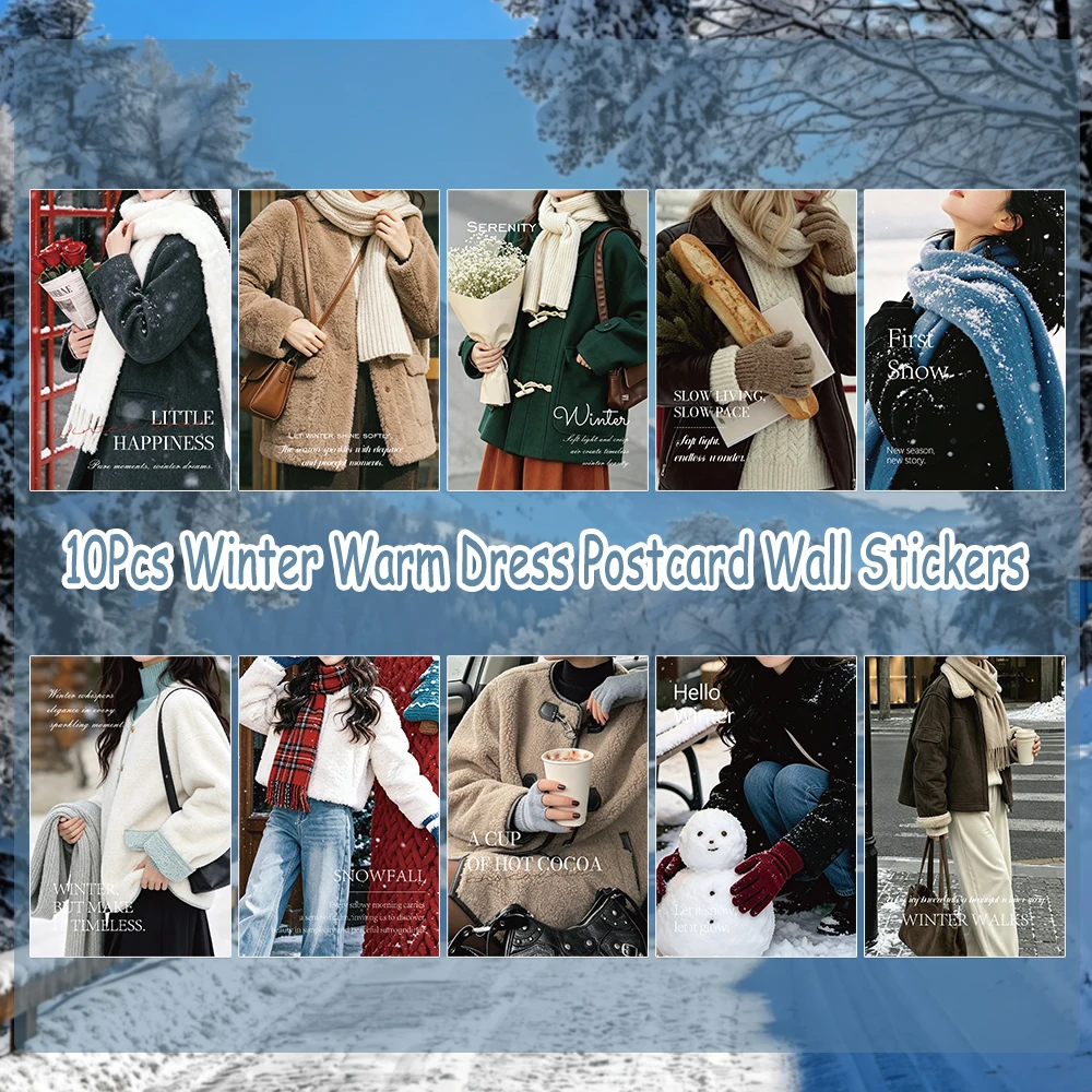 10Pcs Cozy Winter Women Outfit Postcard Wall Stickers Aesthetic Winter Fashion Dressing Art Collage Posters Dorm Bedroom