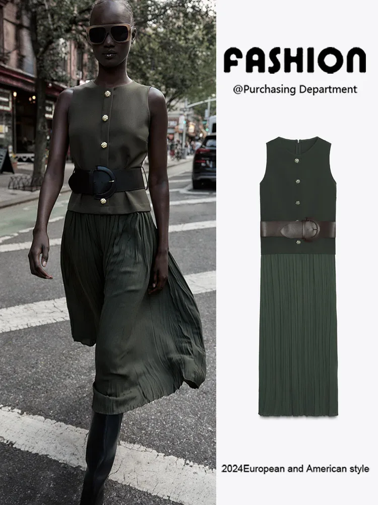 

Новое поступление, осеннее ZA2025, женское круглое платье миди с поясом и поясом, лоскутное платье Sle Ele Faionable