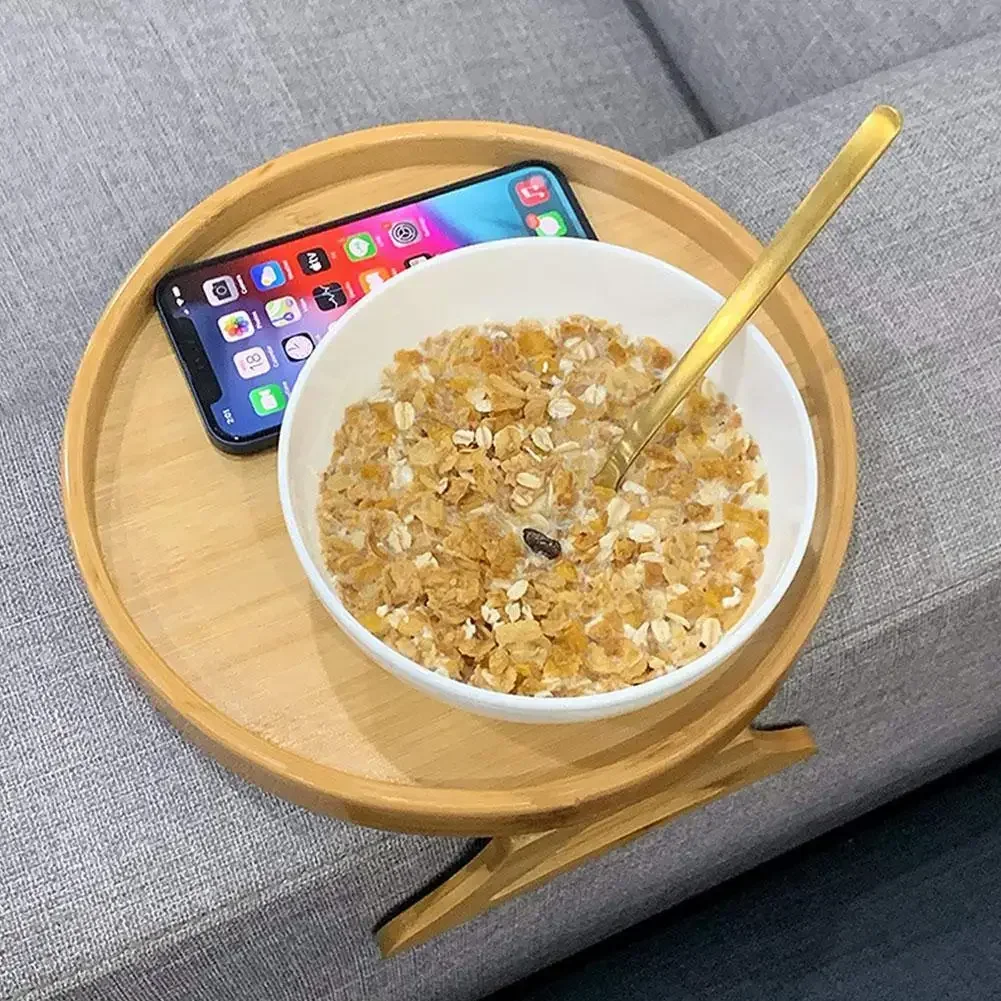 Natural Bamboo Sofa Armrest Tray Side Tables Clip-On Round Tray For Remote Drinks Cup Bowl Phone Wood Dessert Tea Holder