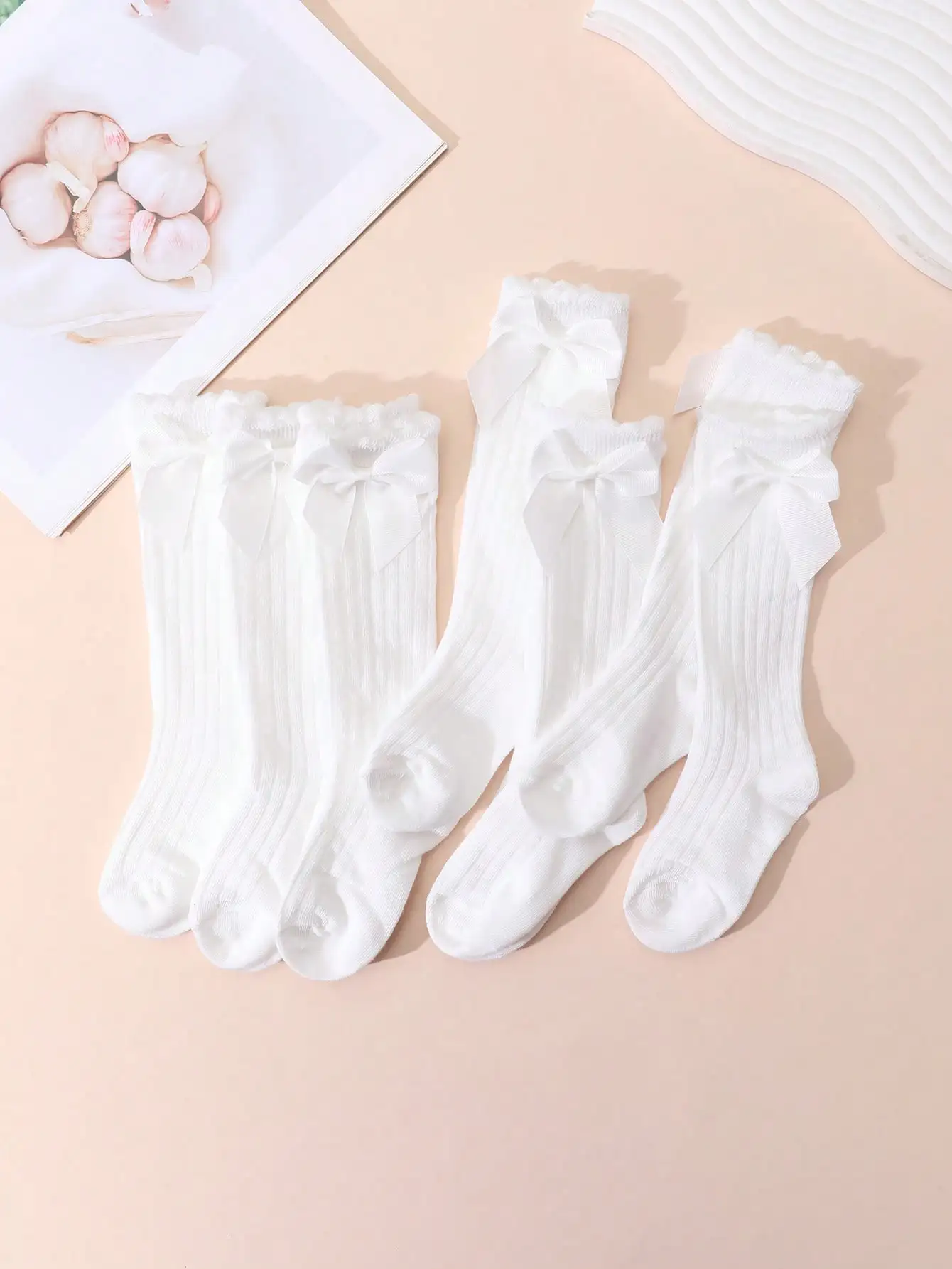 6 Paar weiße, gerippte Kniestrümpfe mit Schleife für Kleinkinder und Mädchen, aus Nylon und Spandex, elastische Socken für 0-8 Jahre, für Alltag, Schule, Party, Freizeitkleidung – Detail 3