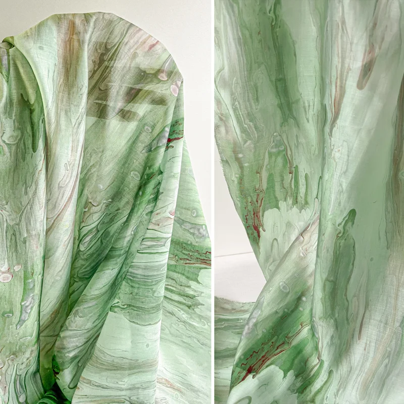 Green Wave Reflection Direct Spray Ink Painting Style Irregular Tie Dyeing Chiffon Sewing Dress Clothing Designer Fabric