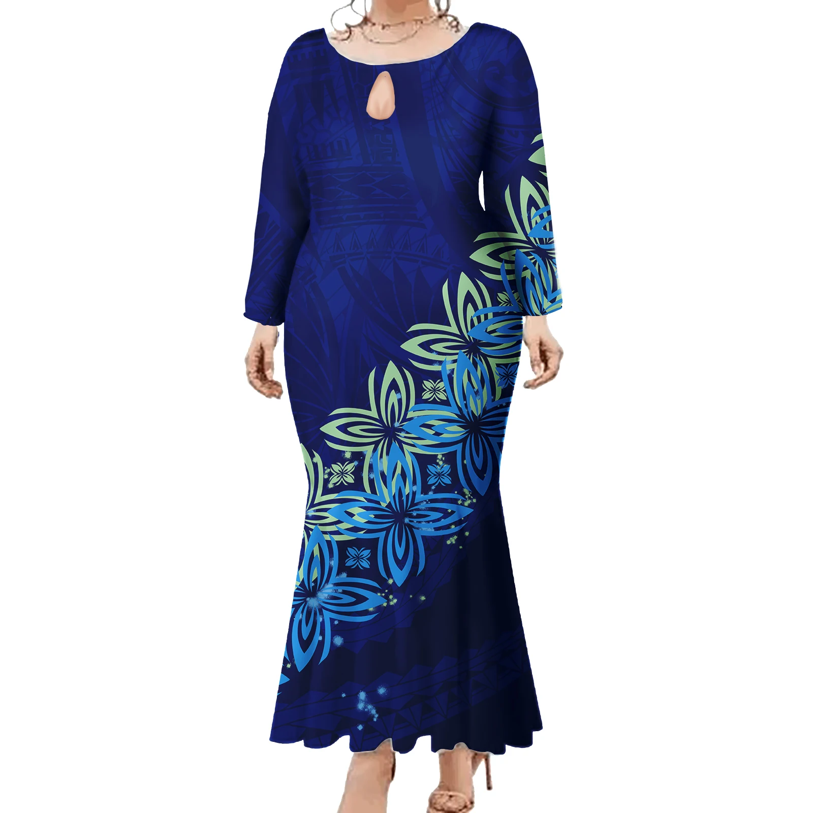 Island Style Samoan Puletasi Tapa Floral Dress Polynesian Tribal Mermaid Dress Elegant Round Neck Fishtail Dress