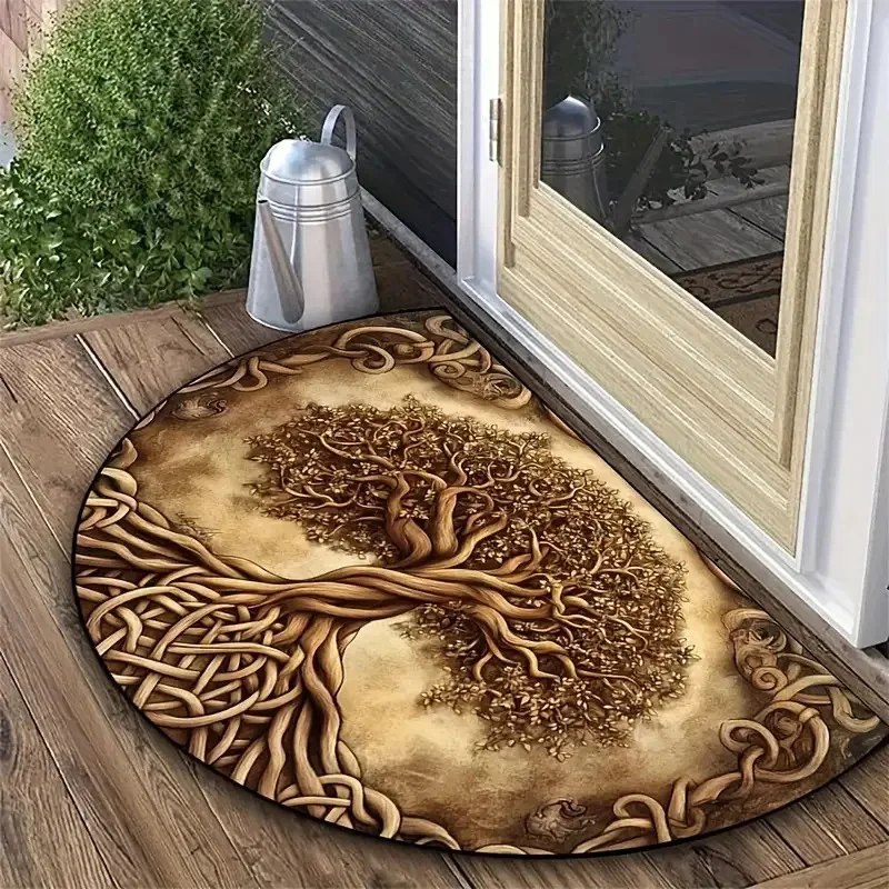 Half Round 2D Poppy Mat, Non-slip Semicircle Doormat, Red Flower Print with Gold Leaves, Absorbent Floor Rug for Bedroom