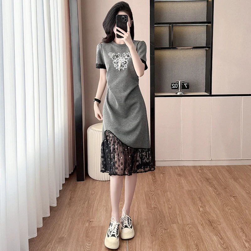 YZJNH 2026 summer new dress women's Korean version round neck short sleeved dress with lace hem patchwork plus size dress