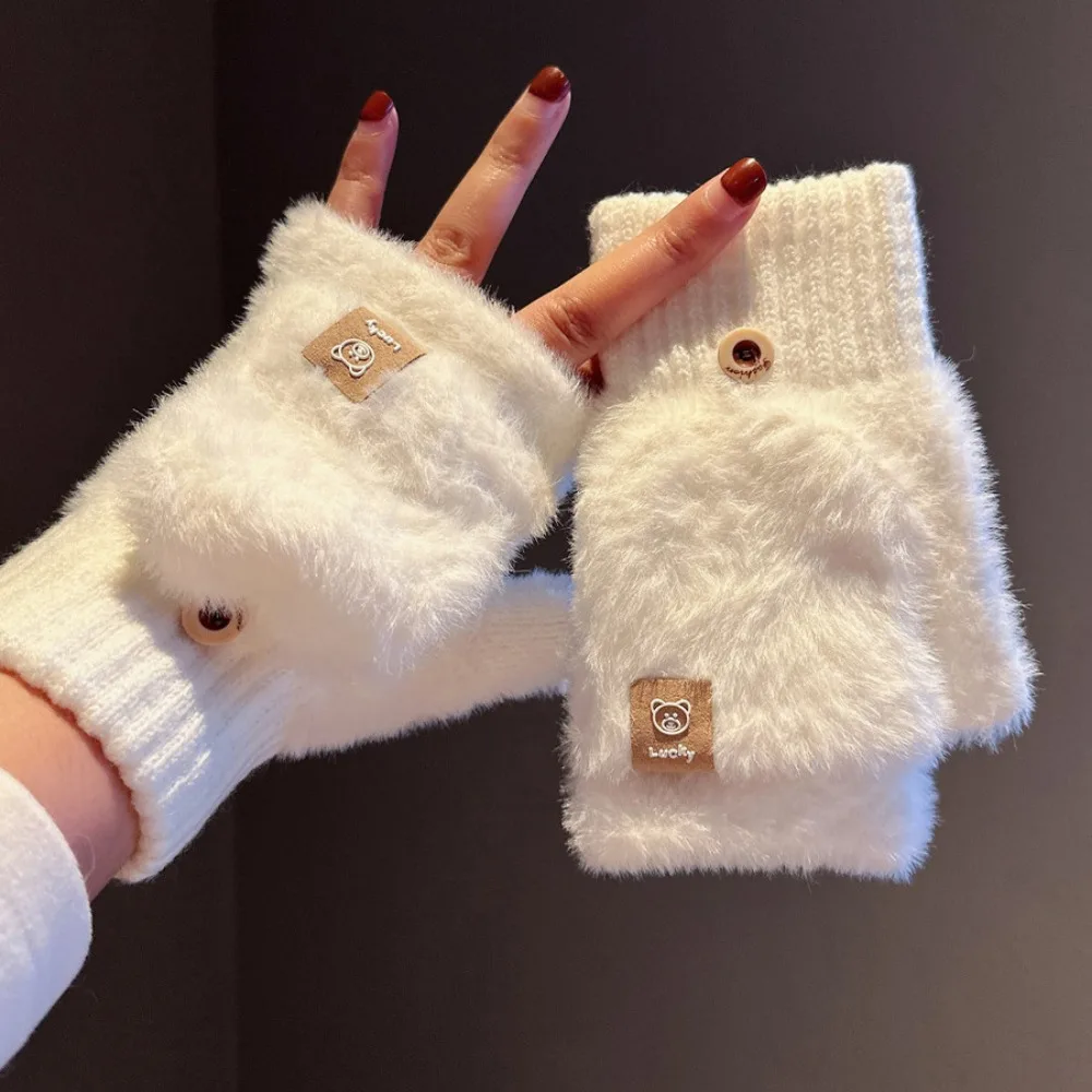 Korean Autumn Winter Half Finger Gloves Thickened Touchscreen Gloves Anti-Cold Warm Flip Cover Gloves Student Writing Gloves